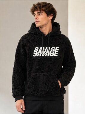 Savage Black Sherpa Fleece Graphic Hoodie Pullover Kangaroo Pocket Men’s Size L